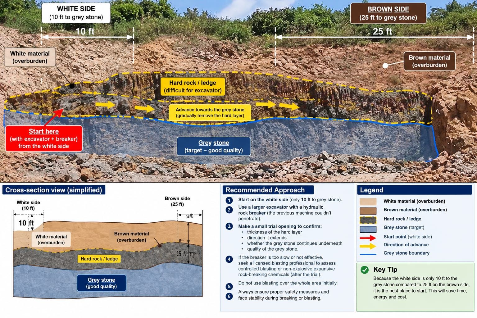 Cross-section plan showing the quarry advancing from the white overburden side toward the grey stone target